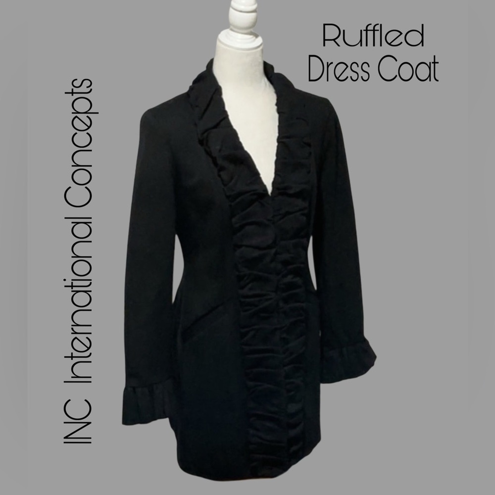 INC International Concepts Ruffled Fully Lined Fitted Black Dress Coat Size Med